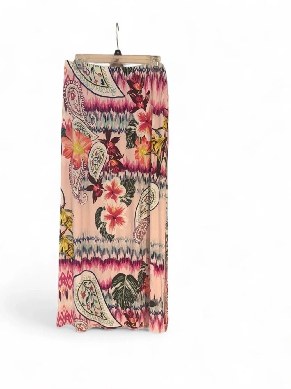 Chico’s 1 Tropical Floral Paisley Maxi Skirt with Side Slit in Peach and Pink